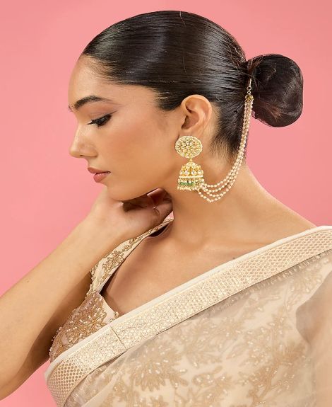 Amreli Jaipur,Gold Finish Pachi Kundan Polki & Pearl Jhumka Earrings