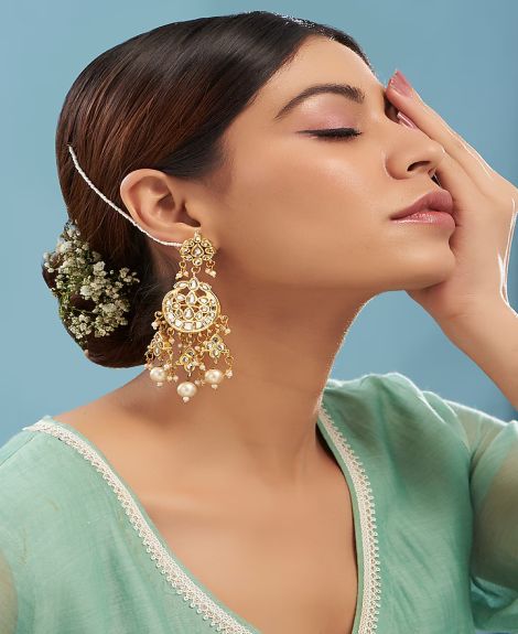 Just Shraddha,Gold Plated Kundan Polki & Pearl Dangler Earrings