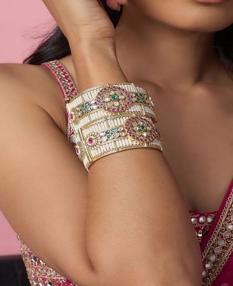 VASTRAA Jewellery, Gold Finish Kundan Polki & Multi-Colored Stone Temple Bangles (Set Of 2)