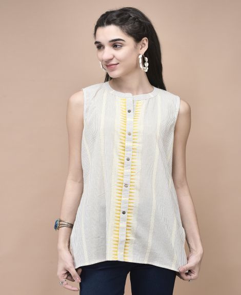 Shree Women Cotton Off White Yarn Dyed Tunic
