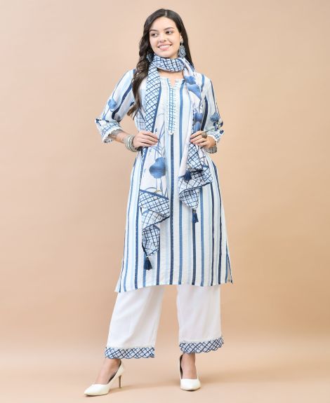 Shree Women Muslin White Stripe Print Kurta Comfort Pant Dupatta