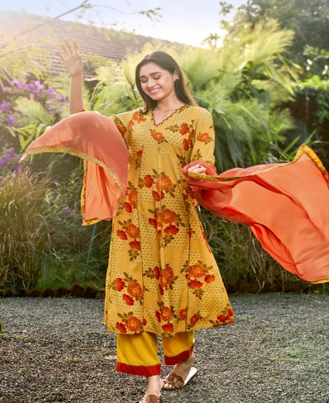 Shree Women Liva (Rayon) Yellow Floral Print Kurta Comfort Pant Dupatta
