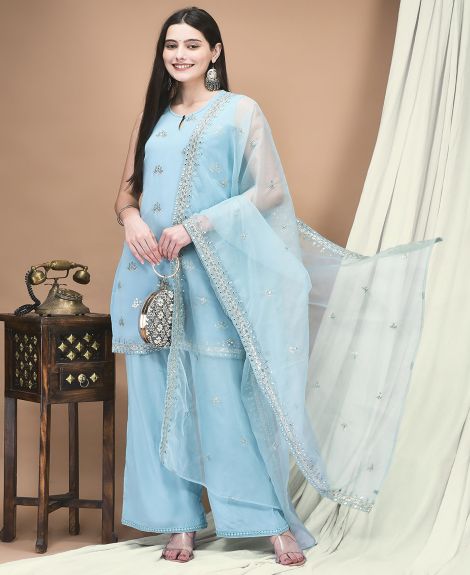 Shree Women Georgette Blue Embroidered Kurta Comfort Pant Dupatta