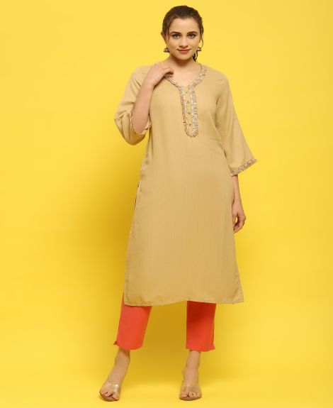 Shree Women Poly Viscose Beige Solid Kurta