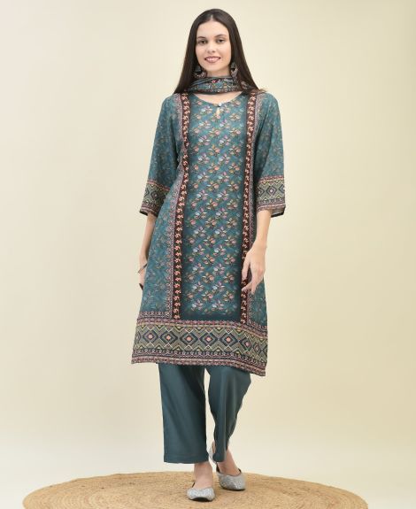 Shree Women Liva (Rayon) Blue Floral Print Kurta Comfort Pant Dupatta