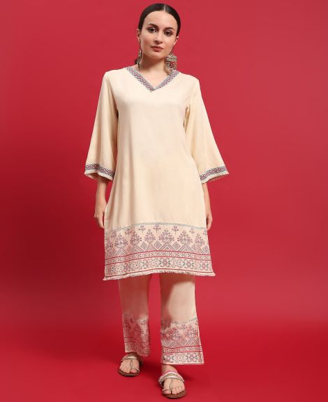 Shree Women Liva (Rayon) Beige Solid Kurta With Comfort Pant