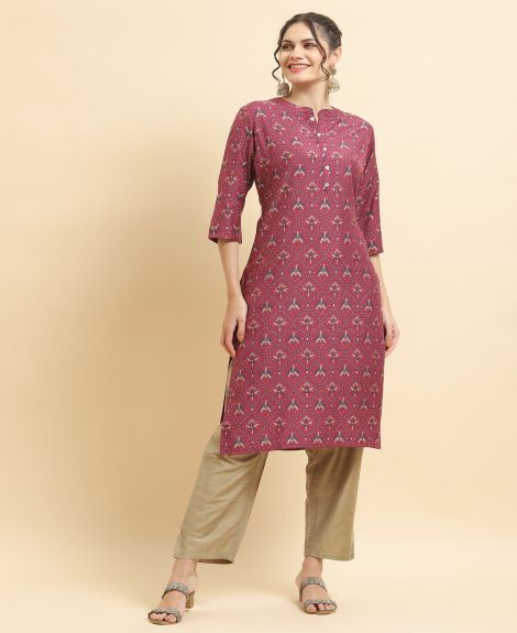 Shree Women Muslin Burgundy Aztec Print Kurta