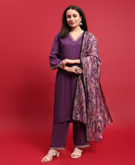 Shree Women Liva (Rayon) Purple Embroidered Kurta Comfort Pant Dupatta
