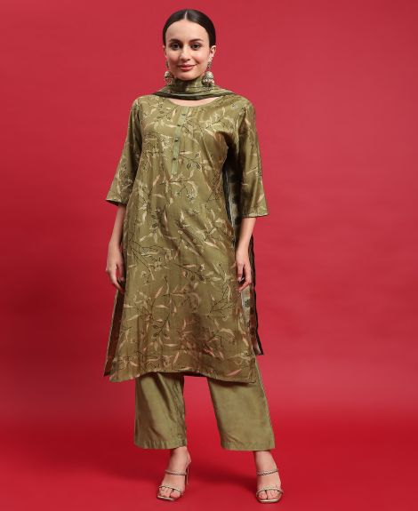 Shree Women Muslin Green Floral Print Kurta Comfort Pant Dupatta