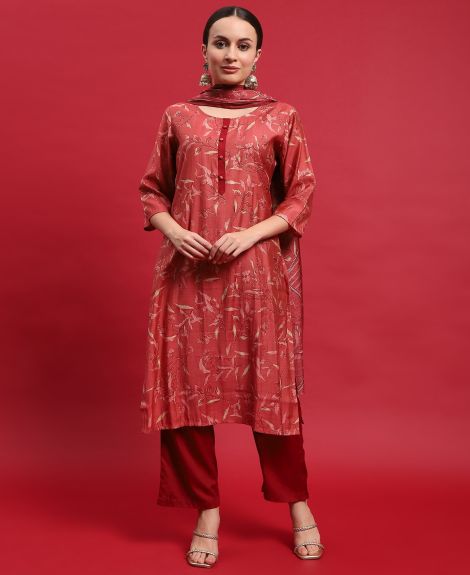 Shree Women Muslin Maroon Floral Print Kurta Comfort Pant Dupatta