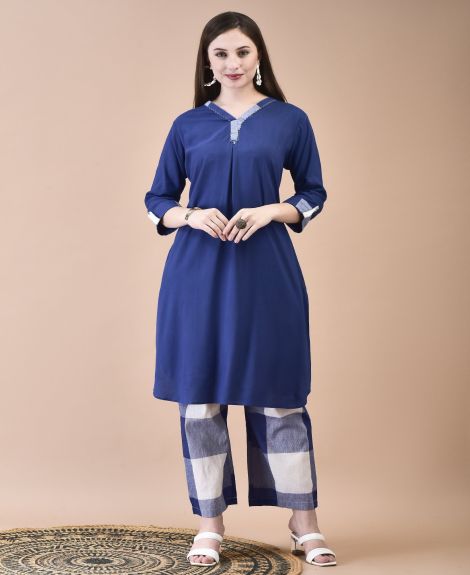 Shree Women Liva (Rayon) Blue Solid Kurta With Cotton Comfort Pant