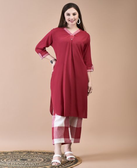 Shree Women Liva (Rayon) Red Solid Kurta With Cotton Comfort Pant