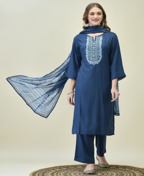 Shree Women Liva (Rayon) Blue Embroidered Kurta Comfort Pant Dupatta