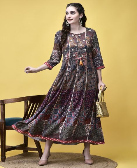 Shree Women Liva Multicolor Ajrakh Print Dress
