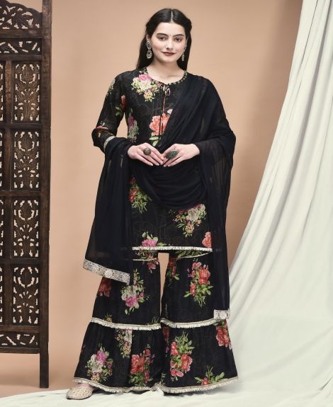 Shree Women Chinon Black Floral Print Kurta Sharara Dupatta
