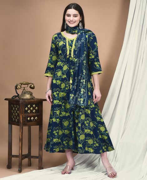 Shree Women Liva Blue Floral Print Dress With Dupatta