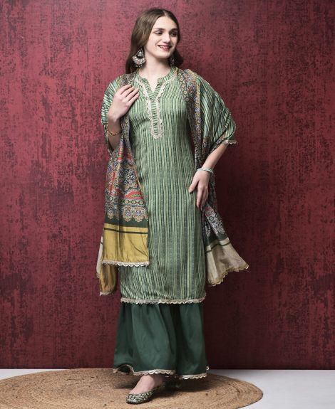 Shree Women Liva (Rayon) Green Stripe Print Kurta Sharara Chanderi Dupatta