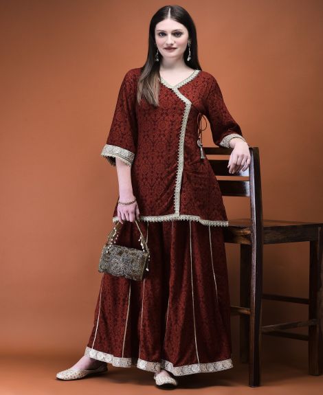 Shree Women Liva (Rayon) Rust Floral Print Kurta With Split Pant