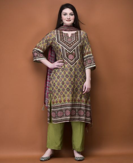 Shree Women Muslin Olive Ajrakh Print Kurta Comfort Pant Dupatta