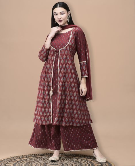 Shree Women Liva Maroon Butti Print Kurta Wide Leg Pant Dupatta