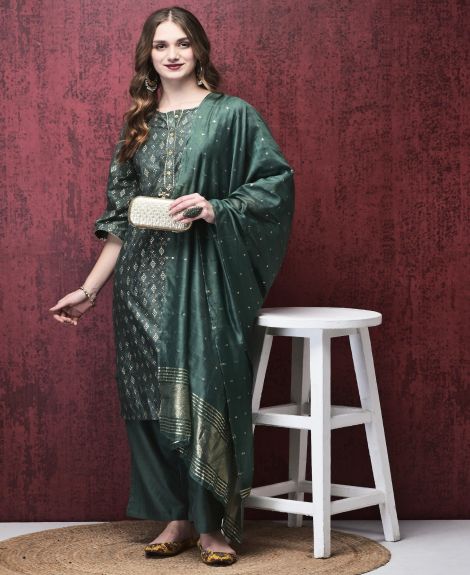 Shree Women Liva Green Foil Print Kurta Comfort pant Dupatta