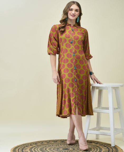 Shree Women Liva (Rayon) Olive Bandhani Print Dress