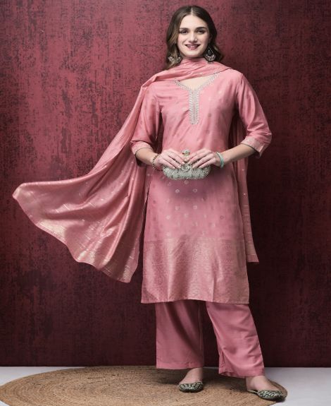 Shree Women Liva Peach Foil Print Kurta Comfort pant Dupatta