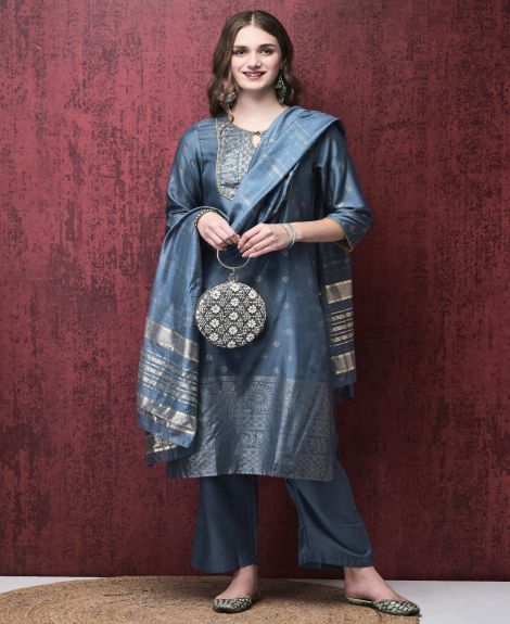 Shree Women Liva Blue Foil Print Kurta Comfort pant Dupatta