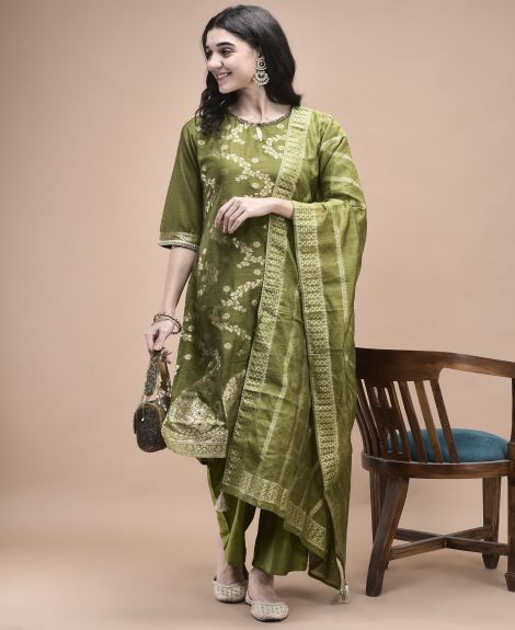 Shree Women Jacquard Green Woven Kurta Comfort pant Dupatta