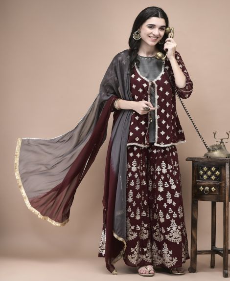 Shree Women Georgette Maroon Foil Print Kurta Split Pant Dupatta