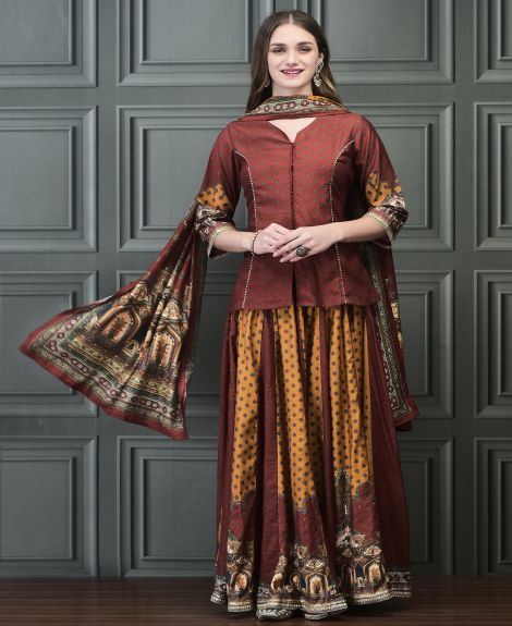 Shree Women Chanderi Rust and Mustard Paisley Print Tunic Skirt Dupatta