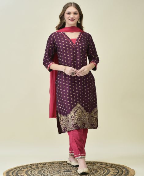 Shree Women Poly Silk Burgundy Butti Print Kurta Comfort Pant Dupatta
