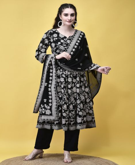 Shree Women Georgette Black Emboss Floral Print Kurta Trouser Dupatta
