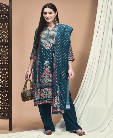 Shree Women Muslin Blue Placement Print Kurta Comfort Pant Dupatta