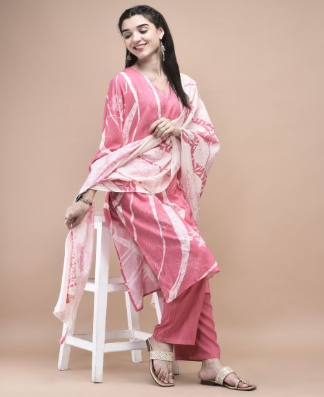 Shree Women Liva (Rayon) Pink Floral Print Kurta Comfort Pant Dupatta