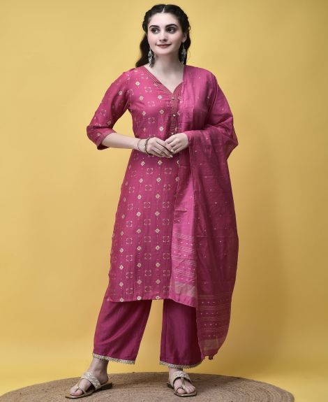 Shree Women Liva Fuchsia Pink Geometric Print Kurta Comfort Pant Chanderi Dupatta