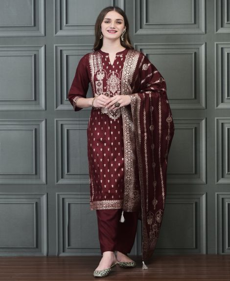 Shree Women Dola Silk Jacquard Maroon Woven Kurta Comfort Pant Dupatta
