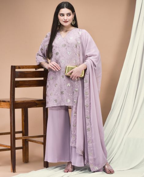 Shree Women Georgette Lilac Embroidered Kurta Sharara Dupatta
