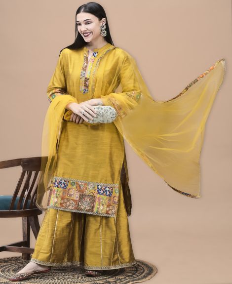 Shree Women Poly Silk Jacquard Mustard Solid Kurta Sharara Dupatta