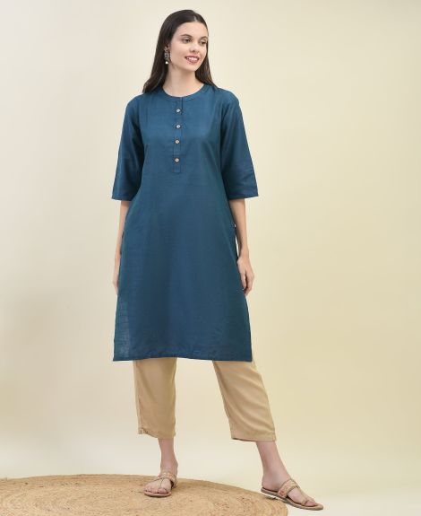 Shree Women Poly Silk Blue Solid Kurta
