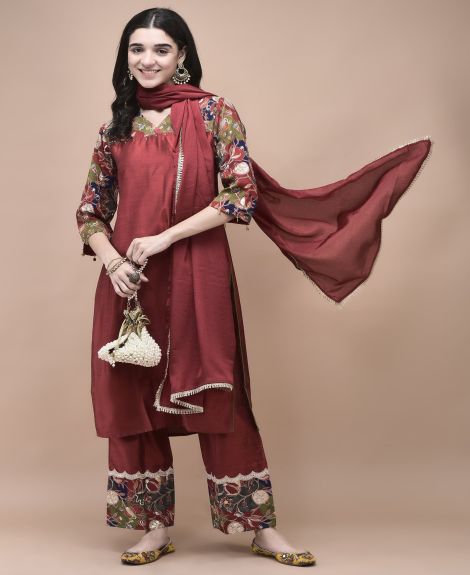 Shree Women Silk Blend Maroon Embroidered Kurta Comfort Pant Dupatta