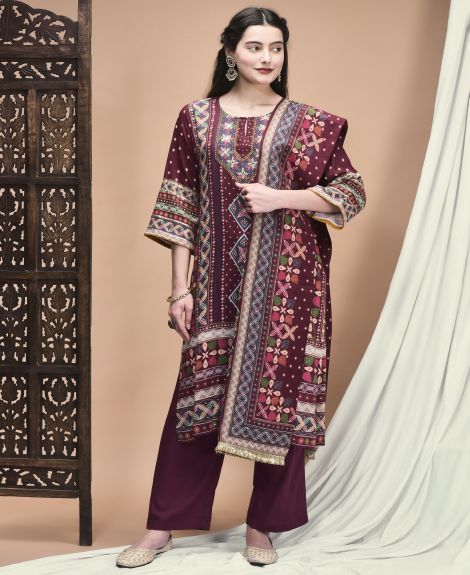 Shree Women Liva Magenta Ornamental Print Kurta Comfort Pant Dupatta