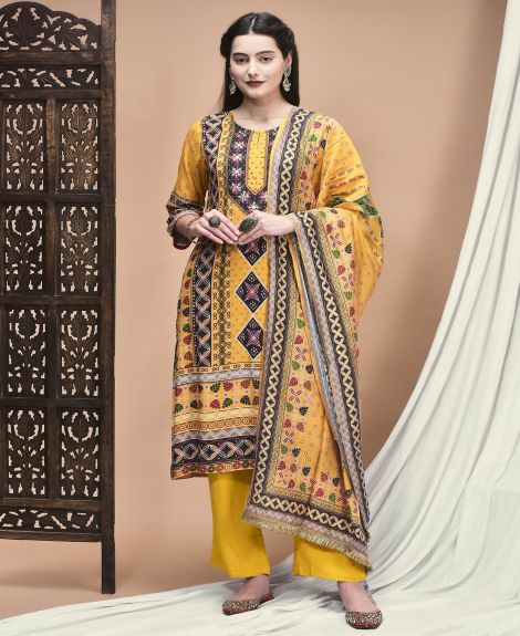 Shree Women Liva Yellow Ornamental Print Kurta Comfort Pant Dupatta