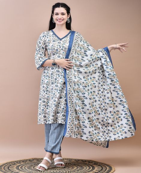Shree Women Cotton Off-White Blue Floral Print Kurta Comfort Pant Dupatta