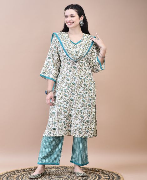 Shree Women Cotton Off-White Teal Floral Print Kurta Comfort Pant Dupatta