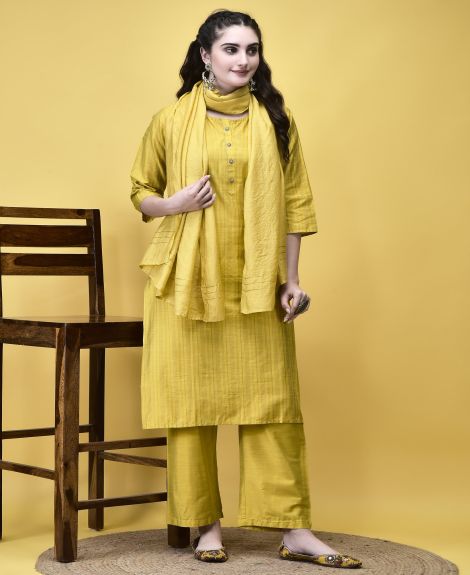 Shree Women Silk Blend Mustard Stripe Print Kurta Comfort Pant Dupatta