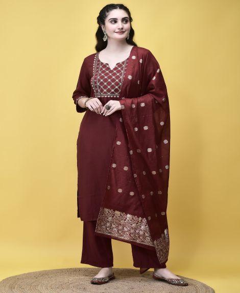 Shree Women Poly Viscose Maroon Embroidered Kurta Comfort Pant Chanderi Dupatta