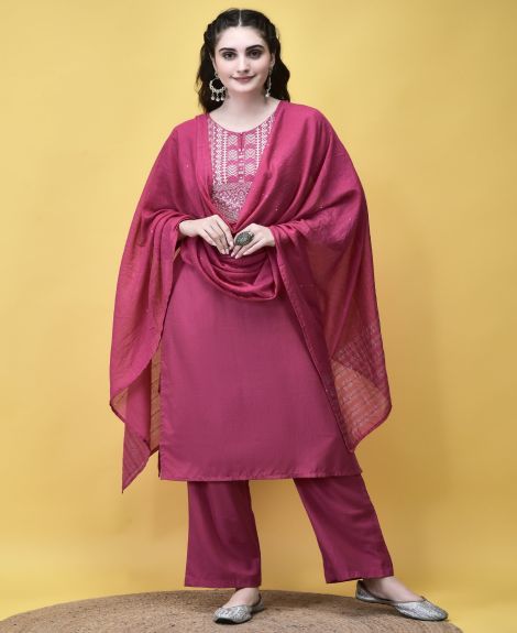 Shree Women Poly Viscose Pink Embroidered Kurta Comfort Pant Dupatta