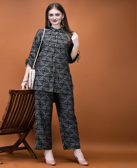 Shree Women Liva Navy Black Geometric Print Co-Ord Set