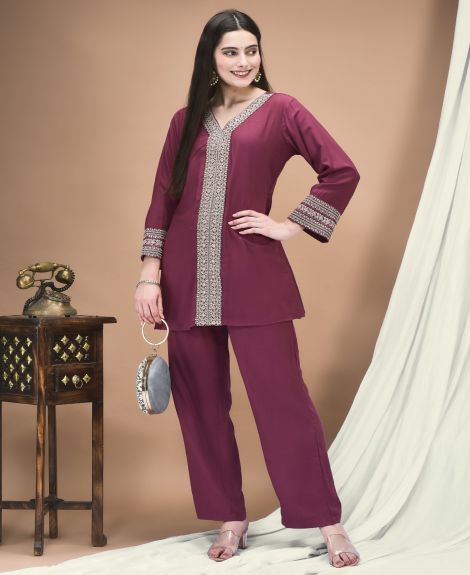 Shree Women Poly Viscose Purple Embroidered Co-Ord Set